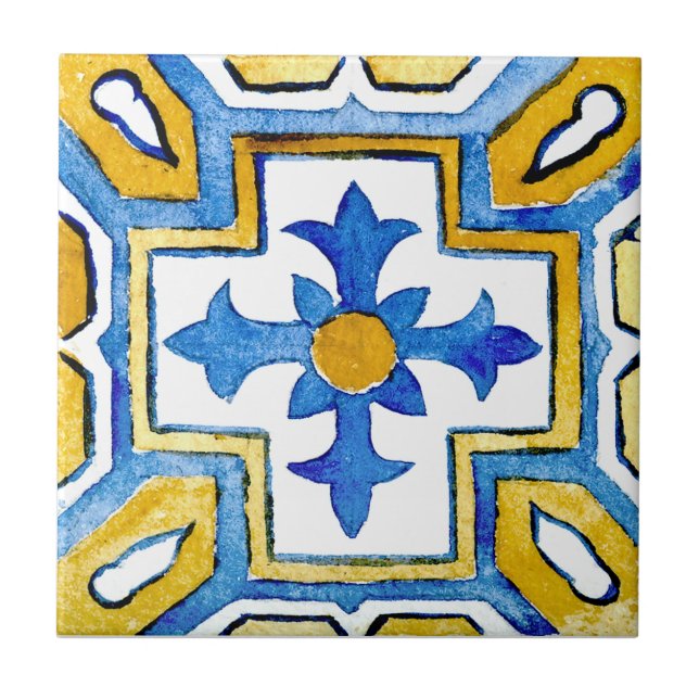 Mediterranean yellow blue watercolour cross   ceramic tile (Front)