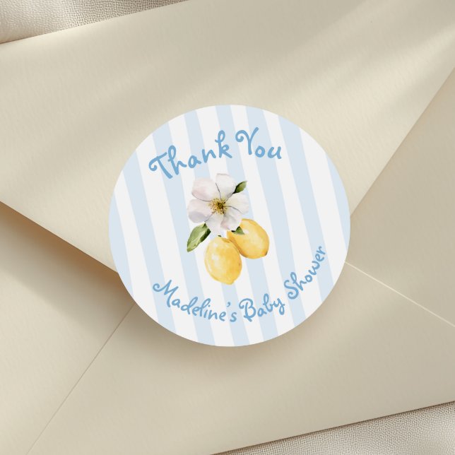 Mediterranean Yellow Lemon Blue stripes Thank You Classic Round Sticker (Creator Uploaded)