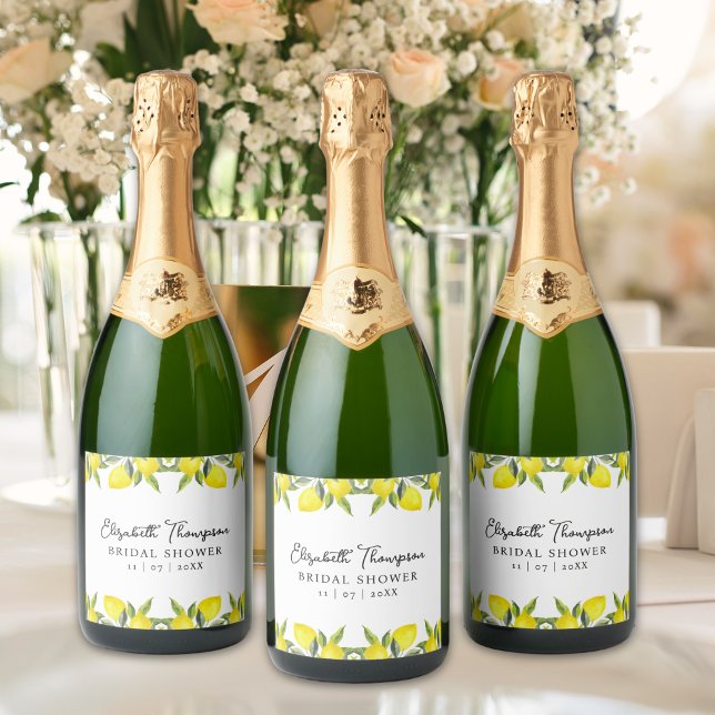 Mediterranean Yellow Lemon Bridal shower Sparkling Wine Label (Creator Uploaded)
