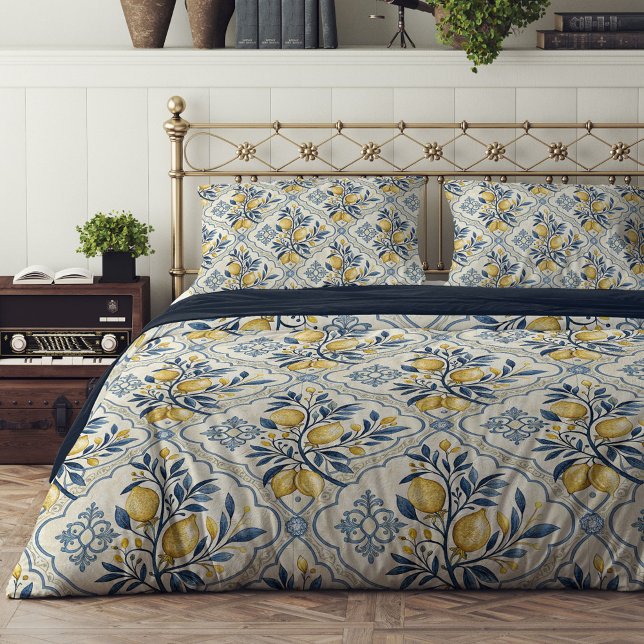 Mediterranean Yellow lemons blue flowers Summer  Duvet Cover (Mediterranean Yellow lemons blue flowers Summer Duvet Cover)