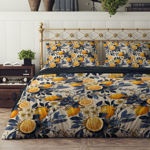Mediterranean Yellow lemons blue flowers Summer Duvet Cover