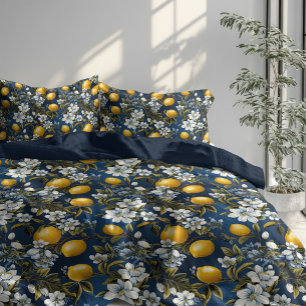 Mediterranean Yellow lemons blue flowers Summer Duvet Cover