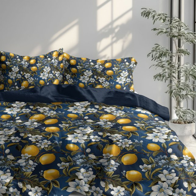 Mediterranean Yellow lemons blue flowers Summer  Duvet Cover (Mediterranean Yellow lemons blue flowers Summer Duvet Cover)