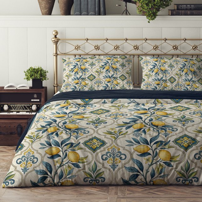 Mediterranean Yellow lemons blue flowers Summer  Duvet Cover (Mediterranean Yellow lemons blue flowers Summer Duvet Cover)