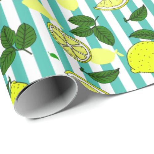 Mediterranean Yellow Lemons on Teal Blue Stripes Wrapping Paper