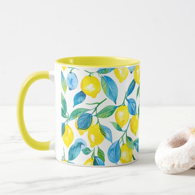 Mediterranean Yellow Lemons watercolor Mug (With Donut)