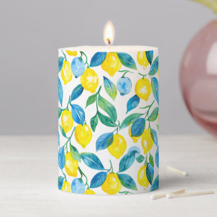 Mediterranean Yellow Lemons watercolor Pillar Candle