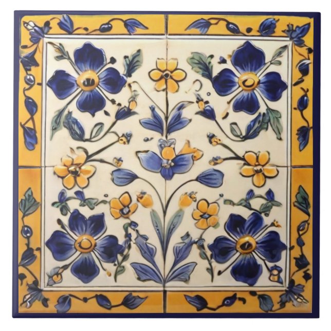 Mediterranean Yellow & Navy Blue Flower Floral Ceramic Tile (Front)