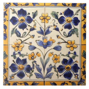 Mediterranean Yellow & Navy Blue Flower Floral Ceramic Tile