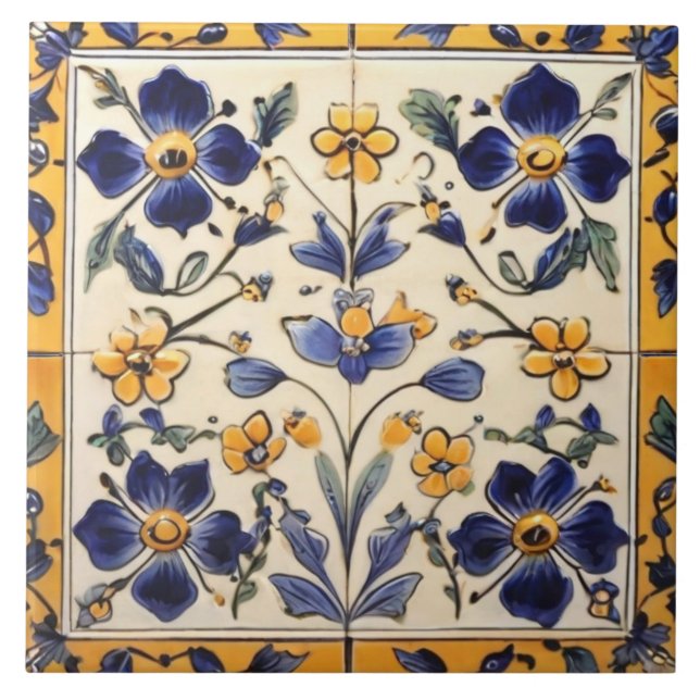 Mediterranean Yellow & Navy Blue Flower Floral Ceramic Tile (Front)