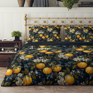 Mediterranean Yellow oranges blue flowers Summer Duvet Cover