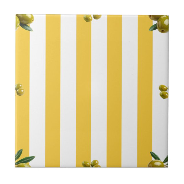 Mediterranean Yellow Stripe Pattern Olives Ceramic Tile (Front)