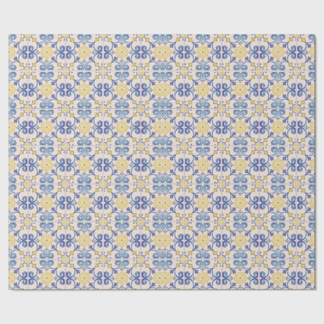 Mediterranean Yellow White Blue Tiles  Wrapping Paper (Seam)