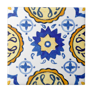 Mediterranian hand painted style blue ceramic tile