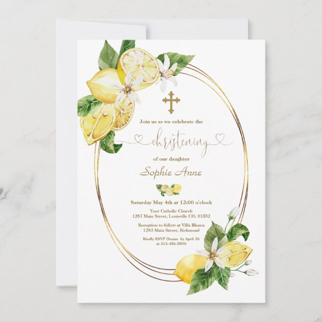 Mediterranian Lemon Fruits Calligraphy Christening Invitation (Front)