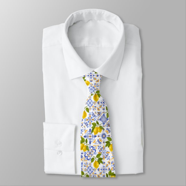 Mediterrenean Citrus Lemon pattern Neck Tie (Tied)