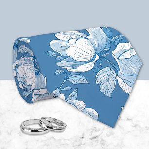 Medium Blue and White Chinoiserie Floral  Neck Tie