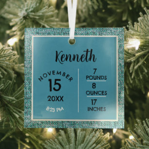 Medium Blue Faux Denim Fabric Birth Numbers  Glass Ornament