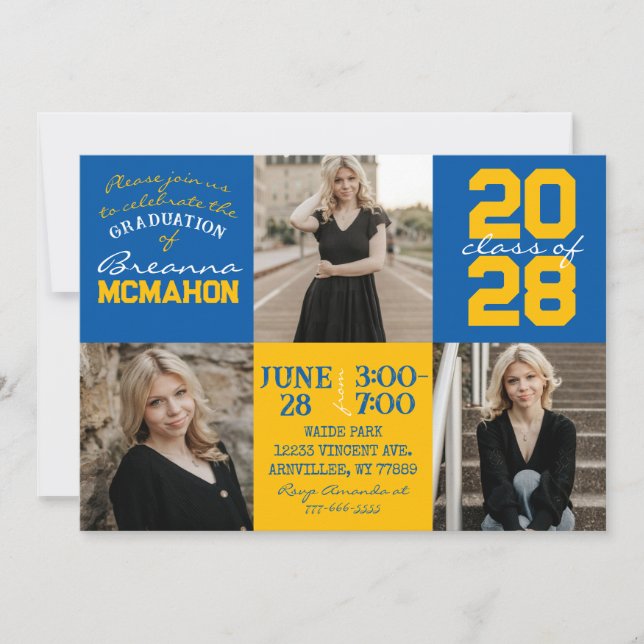 Medium Blue & Gold 3 Photo Graduation Invitation (Front)
