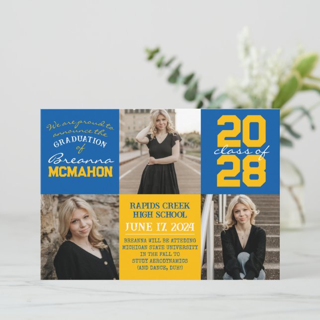Medium Blue & Gold 4 Photo Graduation Announcement (Standing Front)