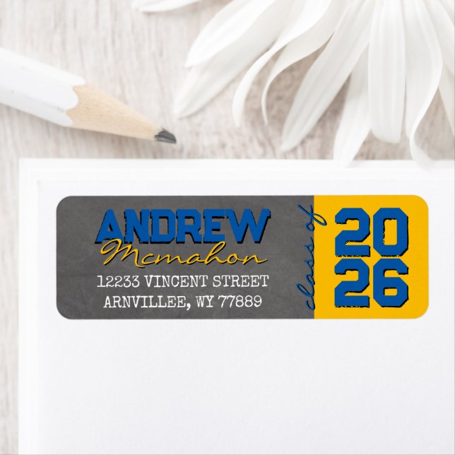 Medium Blue & Gold Chalkboard Grad Return Address Label (Insitu)