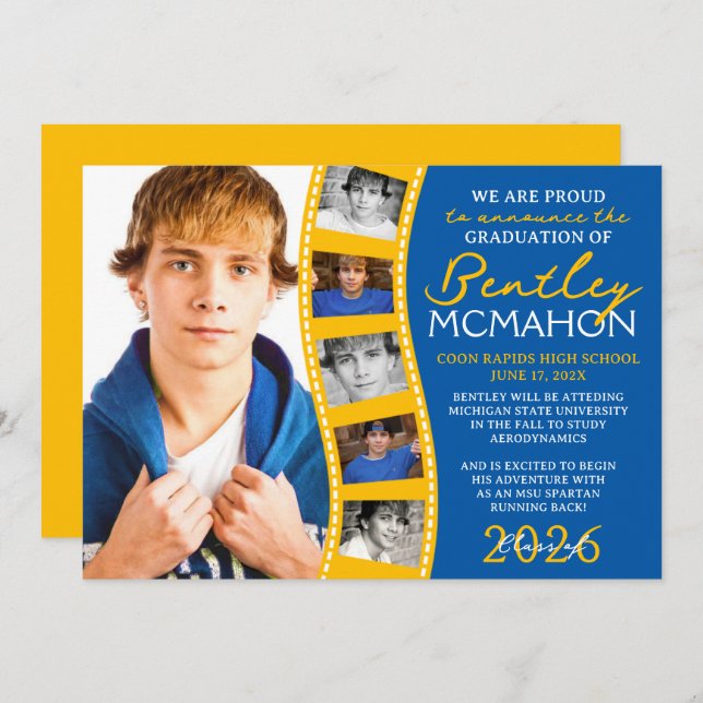 Medium Blue Gold Photo Filmstrip Grad Announcement (Front/Back)