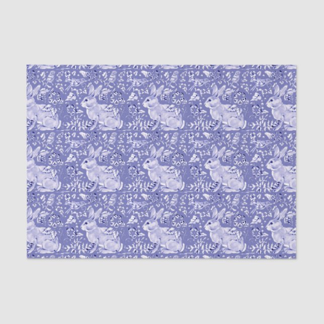 Medium Blue Rabbit Bunny Bird Floral Chinoiserie Tissue Paper (Front)