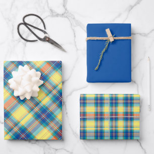 Medium Blue, Vibrant Teal, Coral, Yellow... Plaid Wrapping Paper Sheets