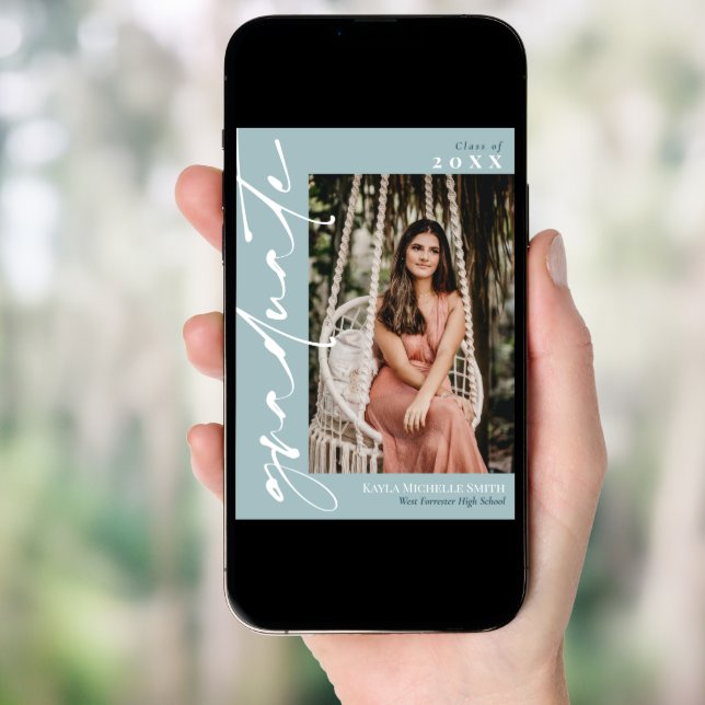 Medium Blue White Calligraphy Photo Graduation Invitation (Front Digital)