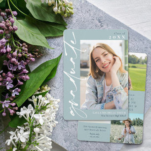 Medium Blue White Calligraphy Photo Graduation Invitation