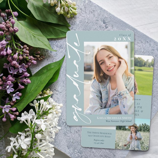 Medium Blue White Calligraphy Photo Graduation Invitation (Creator Uploaded)