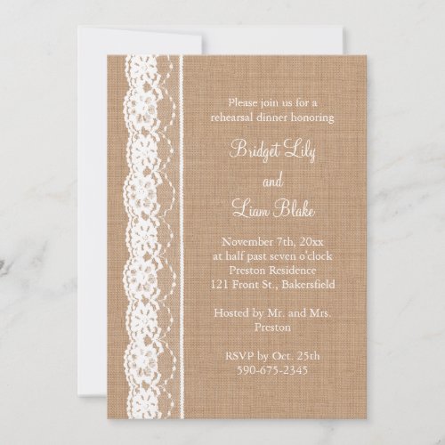 Medium Burlap &amp; Vintage Lace Rehearsal Dinner Custom Invites