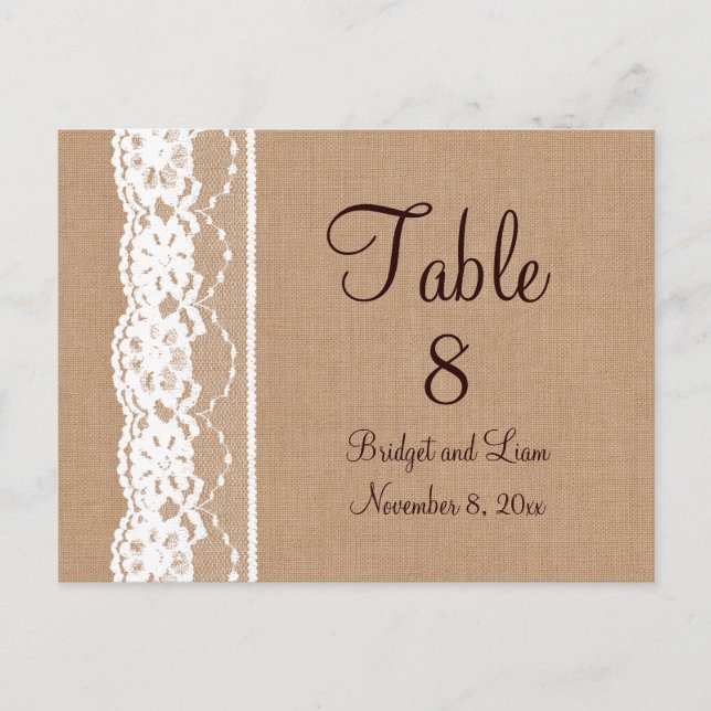 Medium Burlap & Vintage Lace Table Number (Front)