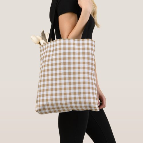 Medium Camel Brown and White Gingham Check Tote Bag