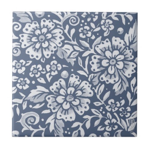 Medium Denim Blue Flower Floral Leaf Pattern Ceramic Tile