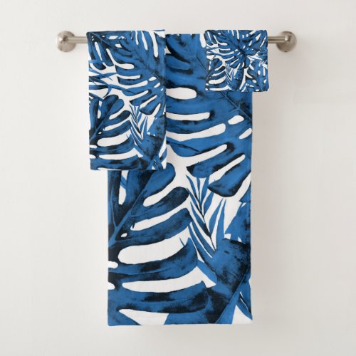 Medium Denim Blue Tropical Palm Leaves Island Chic Bath Towel Set