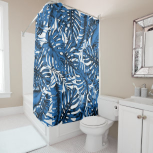 Medium Denim Blue Tropical Palm Leaves Island Chic Shower Curtain