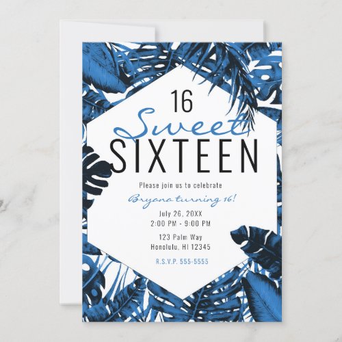 Medium Denim Blue Tropical Palm Leaves Sweet 16  Invitation