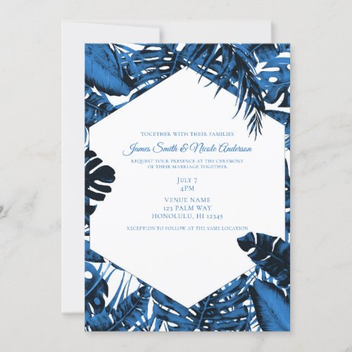 Medium Denim Blue Tropical Palm Leaves Wedding Invitation