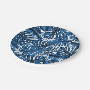 Medium Denim Blue Tropical Palm Leaves Wedding Paper Plates