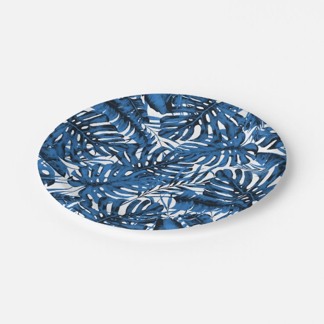 Medium Denim Blue Tropical Palm Leaves Wedding Paper Plates (Angled)