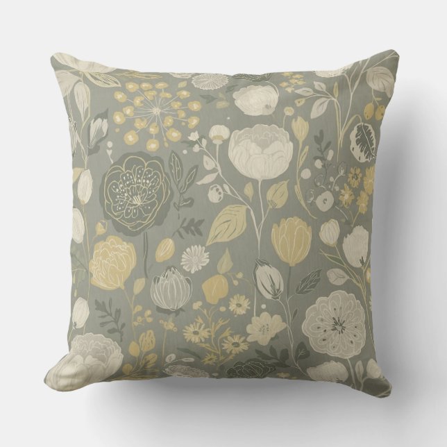 Medium Gray Butter Yellow Cream Modern Floral Throw Pillow (Front)