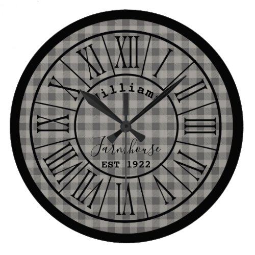 Medium Gray/Grey Buffalo Check Farmhouse Name Large Clock