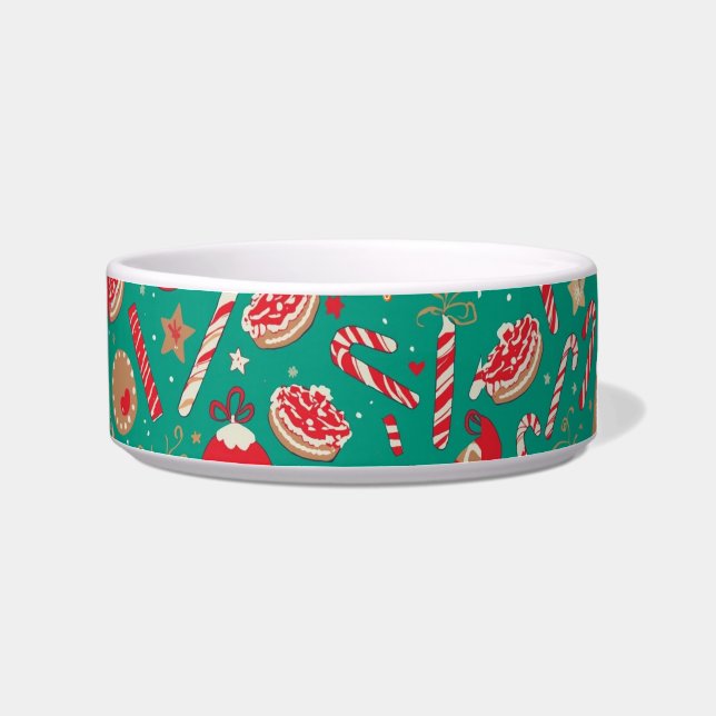 Medium Green Christmas Cat Bowl | Candy Canes (Right)