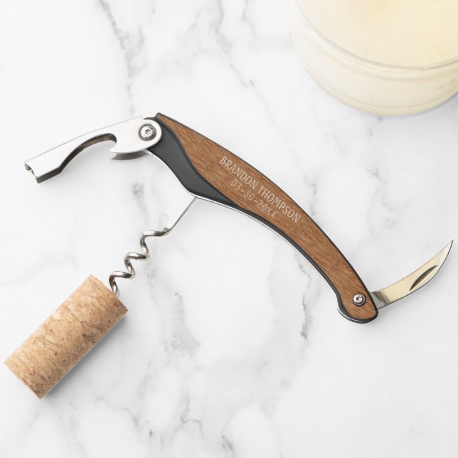 Medium Oak Brown Classy Chic Wood Grain Pattern Waiter's Corkscrew (Front)