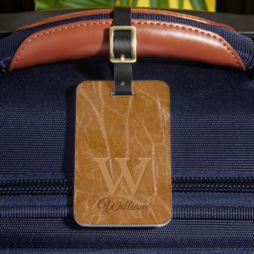 Medium Oak Brown Cow Leather Texture Monogrammed Luggage Tag