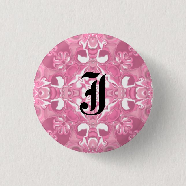 Medium Pink Kaleidoscope Pattern #2 Monogram Pinback Button (Front)