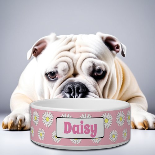Medium Pink  White Daisies Personalized Dog Bowl