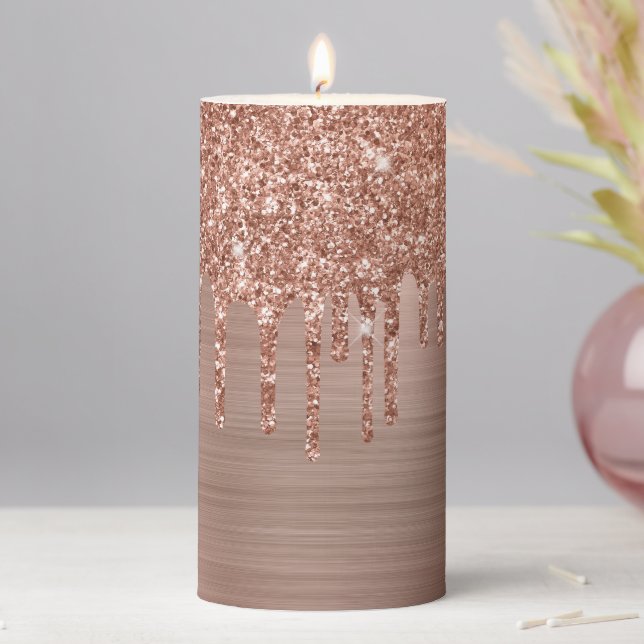 Medium Rose Gold Glitter Drips and Foil Pillar Candle (In Situ)