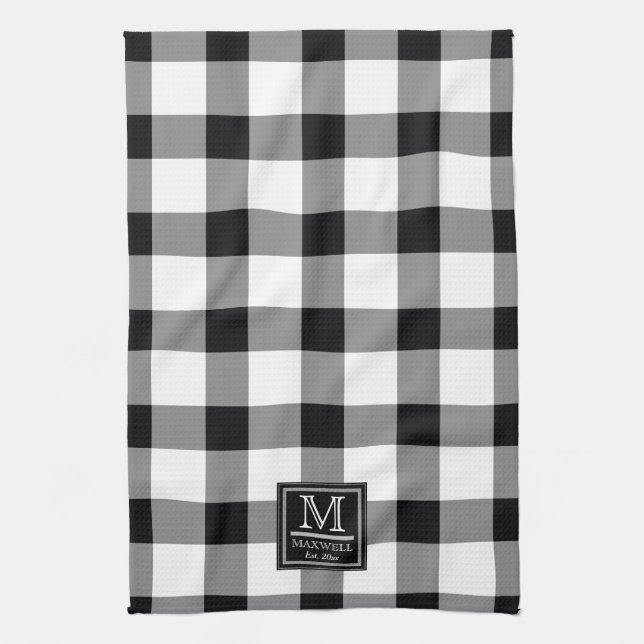 Medium Rustic Buffalo Checks Monogram Name Year Ki Kitchen Towel (Vertical)